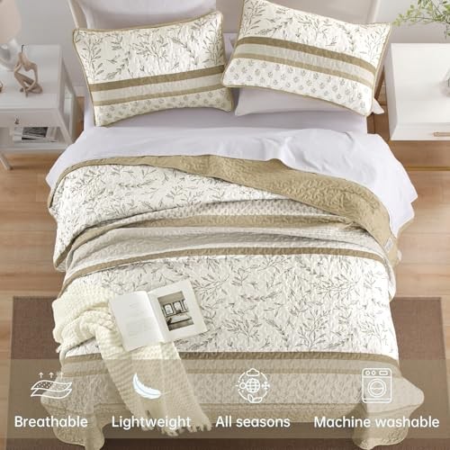 Striped Quilt Set Size Boho Striped Patchwork Leaves Printed Queen Brown