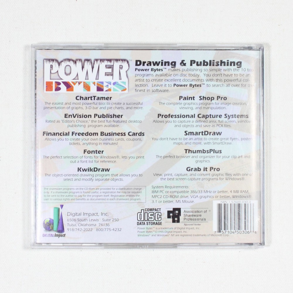 Power Bytes: Drawing & Publishing (PC, 1996) Digital Impact, CD-ROM - Mint Disc