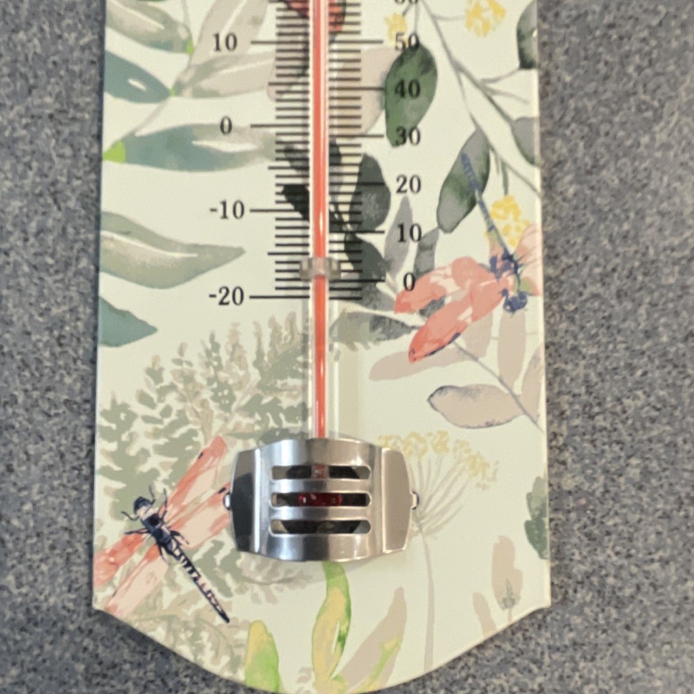 Floral Dragonfly Outdoor Metal Thermometer Analog Display Multicolor Rectangular
