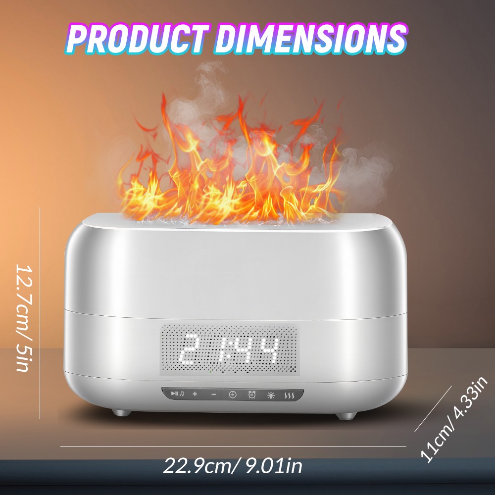 Flame Aroma Diffuser Humidifier Bluetooth Speaker Light Digital Display Clock