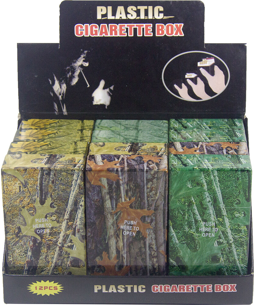 12 Pack 100' Push-to-Open Plastic Cigarette Case Camouflage Design