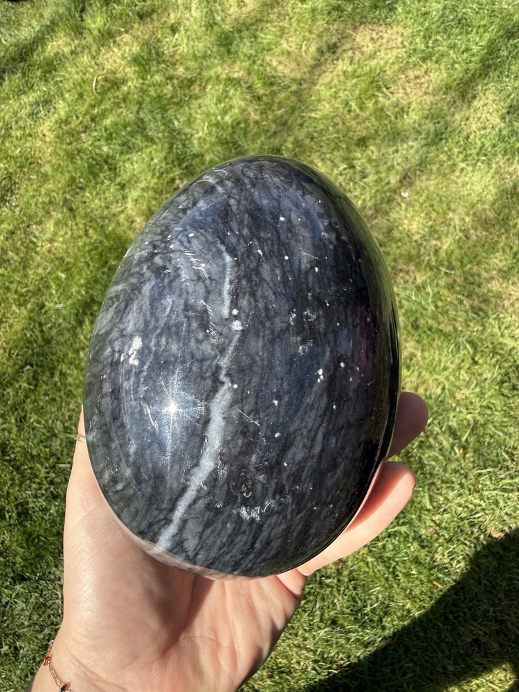 Large Gray Black Heavy Stone Polished Egg 6” With Brass Base