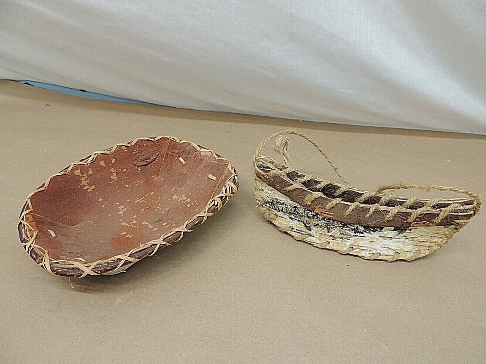 VINTAGE HANDCRAFTED BIRCH BARK CANOE AND DISH