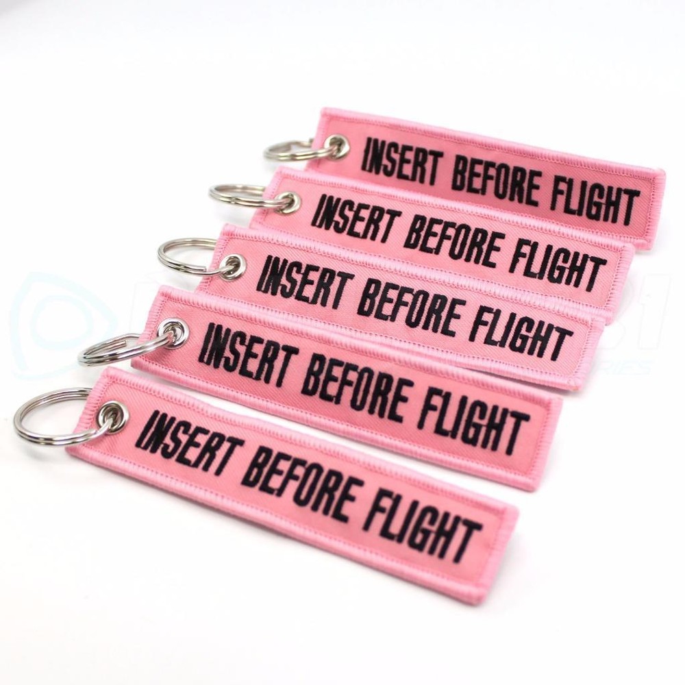 INSERT BEFORE FLIGHT QTY= 5 PCS PINK/black KEYCHAINS RING TAGS CABIN CREW