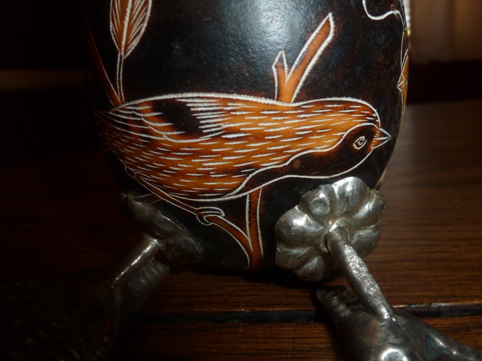 Sterling Silver 925 Vintage Hand-Carved Peruvian Gourd Art Duck