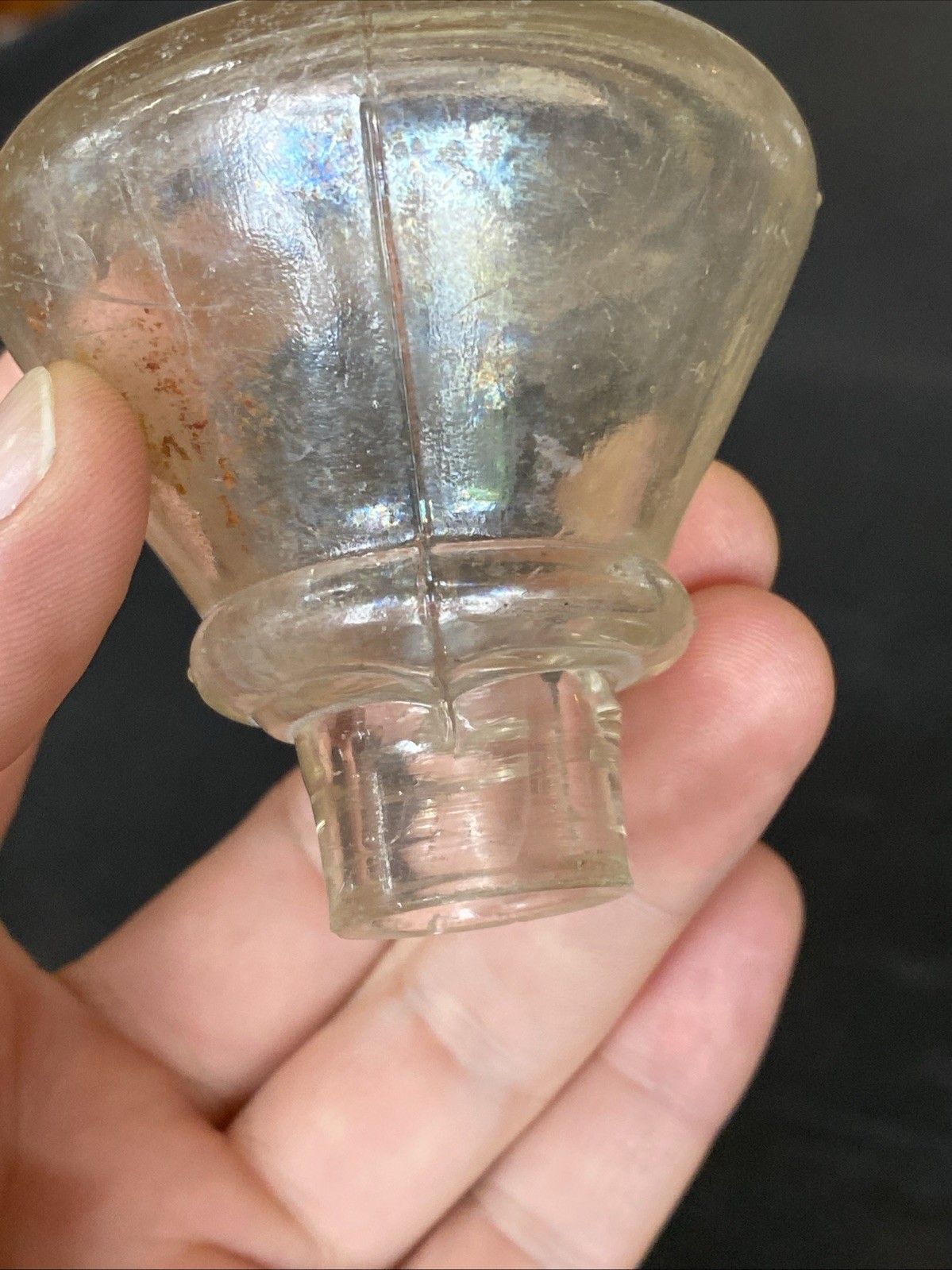 Antique Iridescent Clear Sheered Lip Cone Ring Shoulder 19th C Ink Well Bottle
