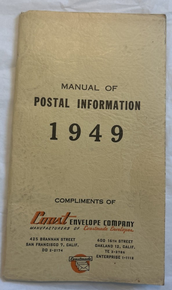 Vtg Manual of Postal Information Booklet 1949 Compliments of Coast Envelope Co.