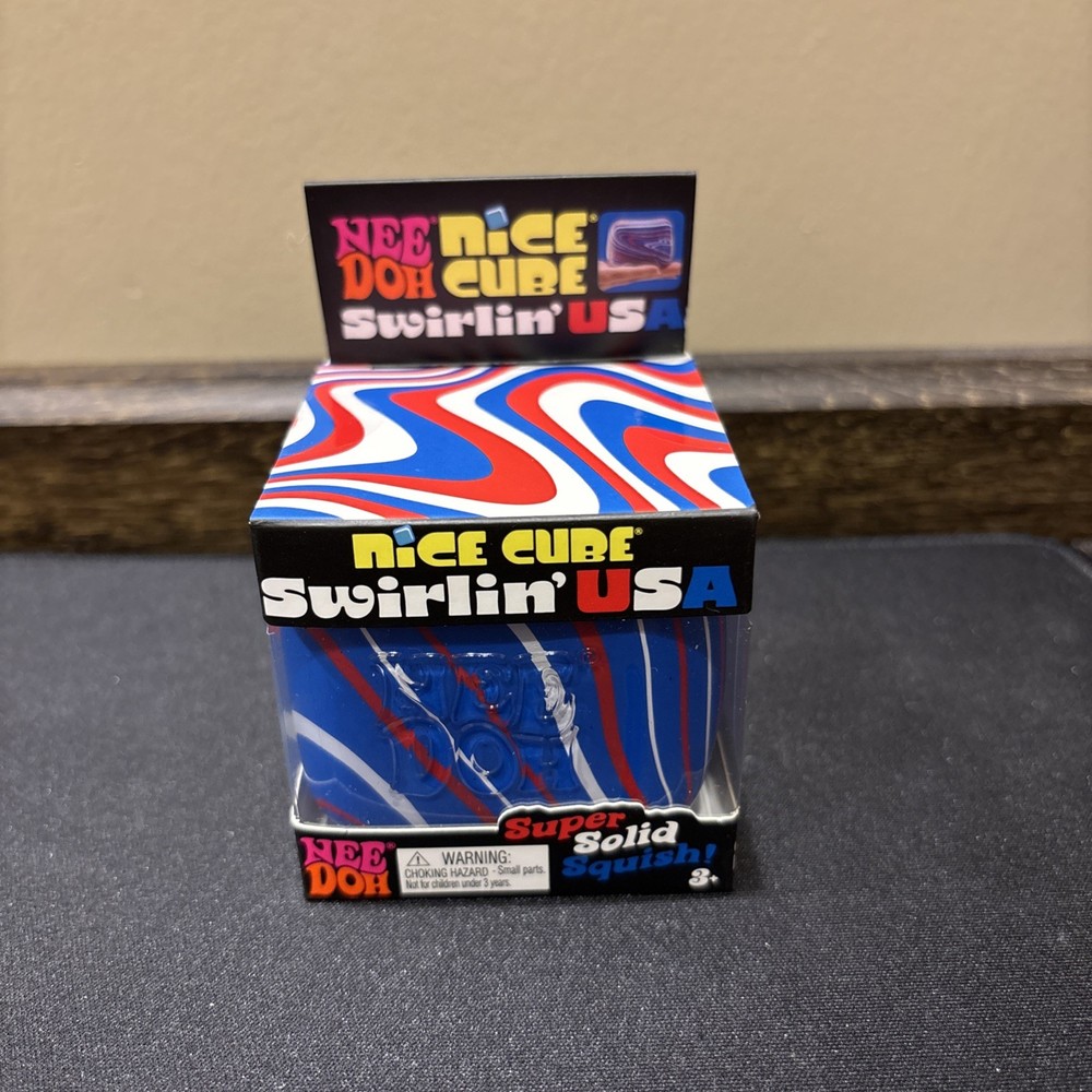 NeeDoh Nice Cube Swirlin USA Super Solid Squish Sensory Blue Red White