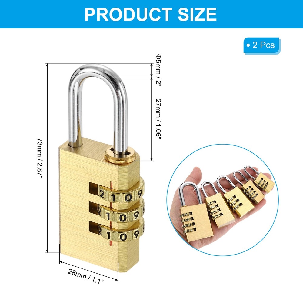 Brass Combination Lock 2.87", 2Pcs 3 Digit Resettable Combination Padlock Yellow