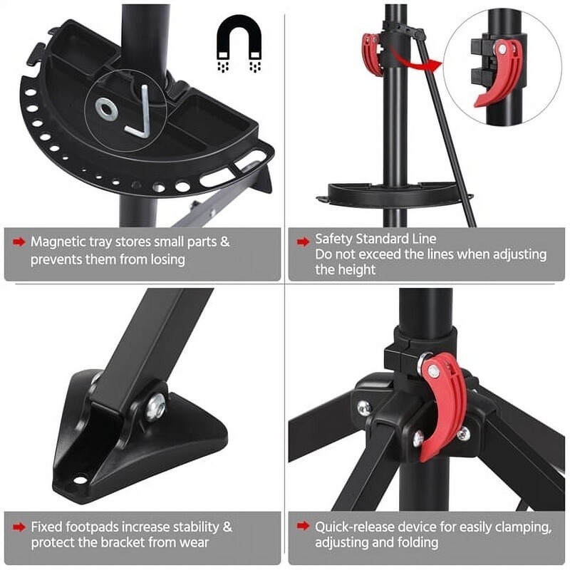 Adjustable Foldable Bike Repair Stand W/ Quick Release Tool Tray Stable Design