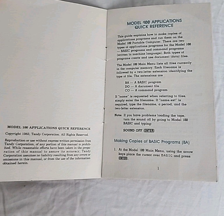 Tandy TRS-80 Model 100 Portable Computer Applications Quick Referenc Booklet