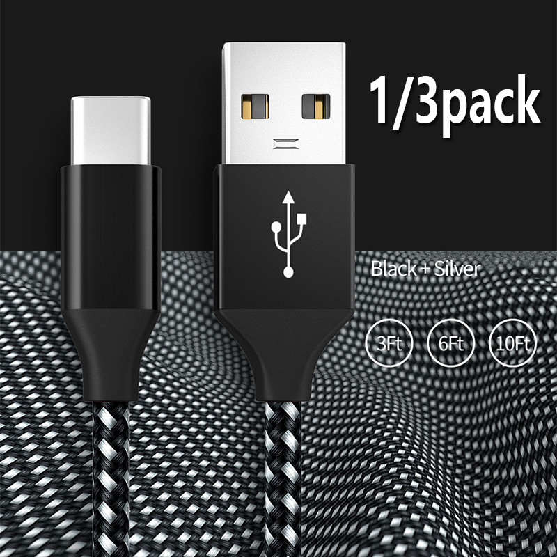 3Pack 3/6/10Ft USB to Type-C Cable Fast Charger Charging Data Sync Cord
