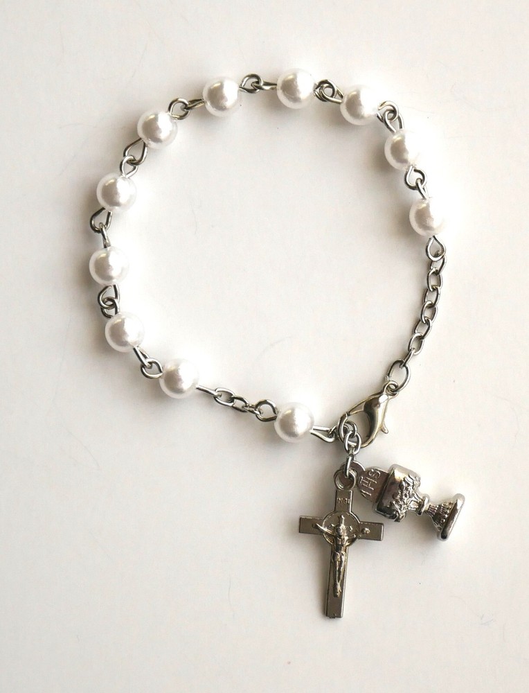 First Communion Rosary Bracelet with Artificial Pearl Beads and Dangles