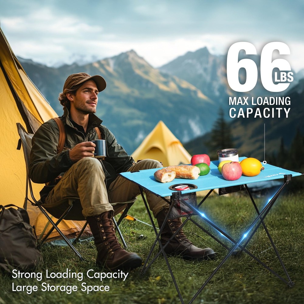 Folding Camping Table, Lightweight Portable Beach Table with 2 Cup Holders & ...