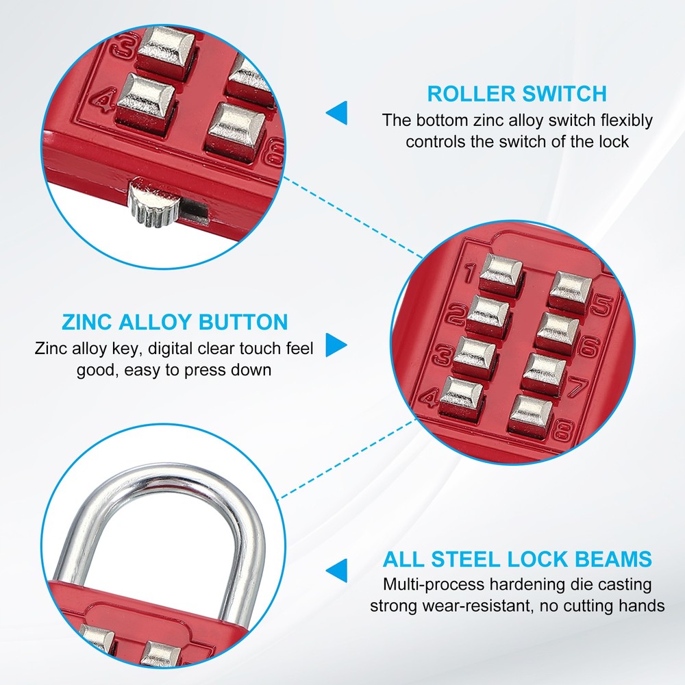 2Pcs Push Button Combination Padlock 8-Digit 4-Position Lock Red