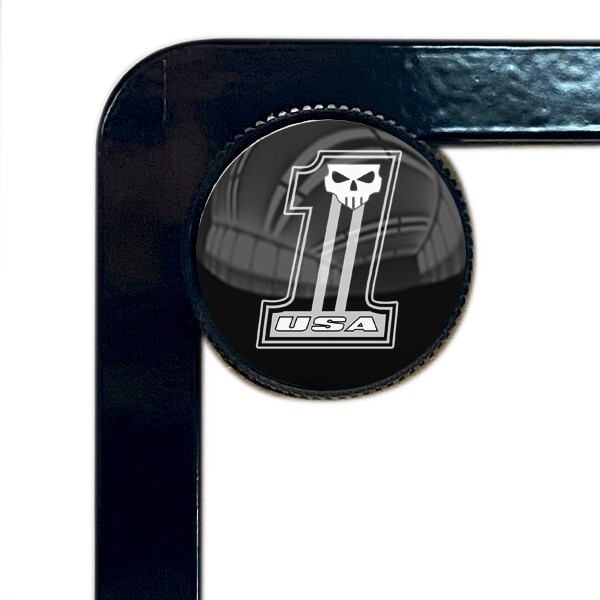 4 USA #1 SKULL WHITE Black License Plate Frame Tag Bolt Screw Harley Motorcycle