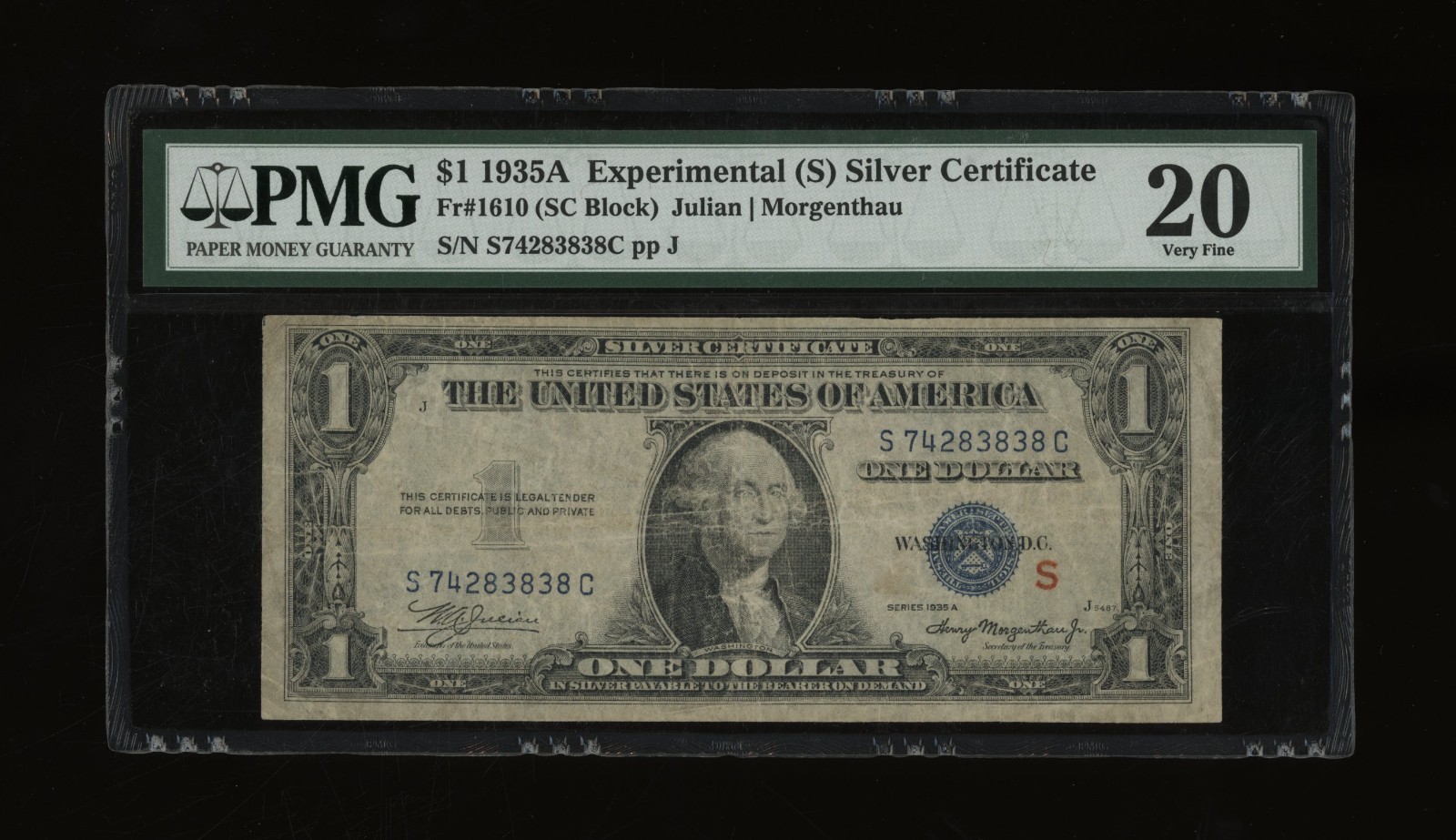 DBR 1935-A $1 Silver Experimental (S) Fr. 1610 PMG VF-20 Serial S74283838C