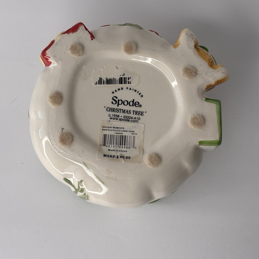SPODE HAND PAINTED "CHRISTMAS TREE" PATTERN SANTA'S POUCH CANDY DISH