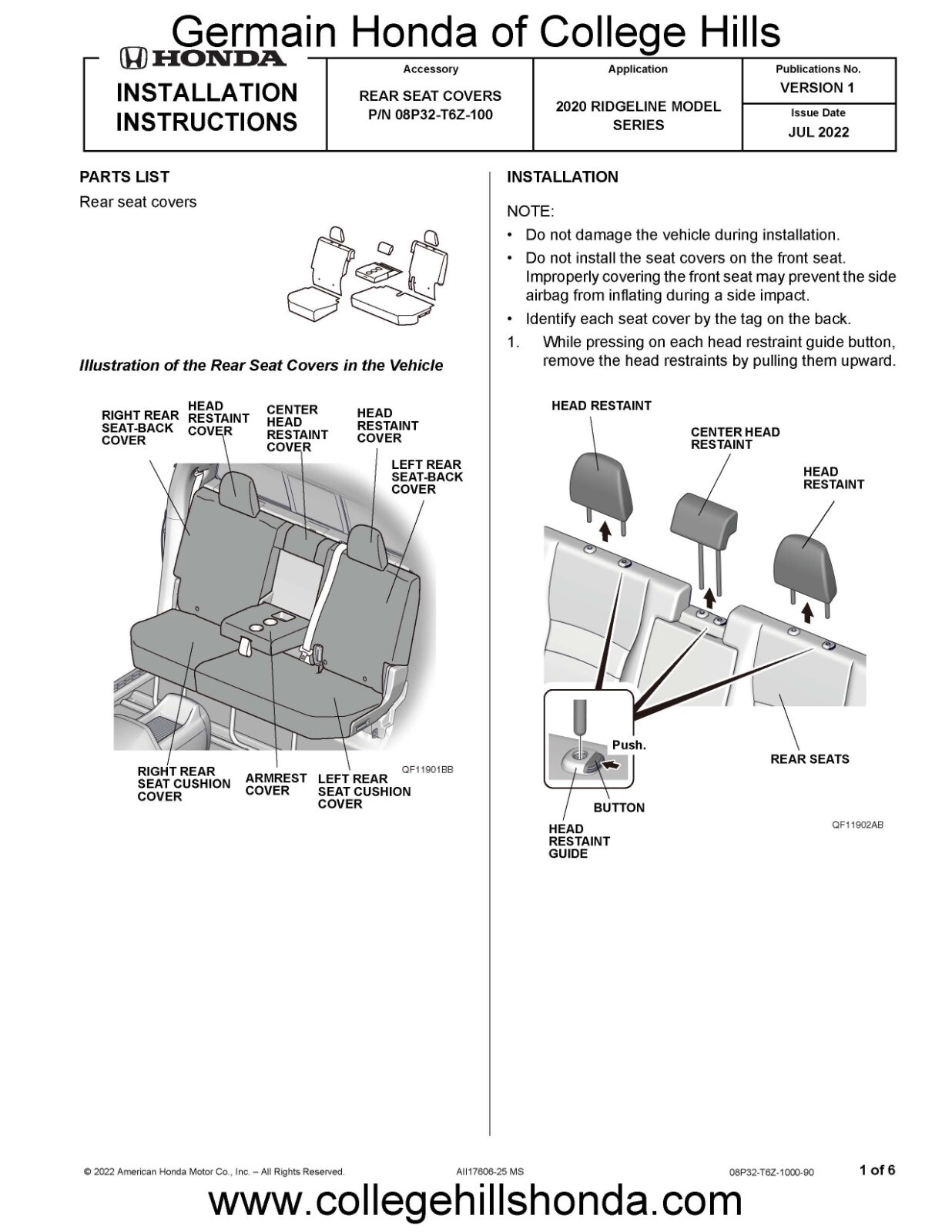 2017-2025 Genuine Honda Ridgeline Rear Seat Cover - OEM! NEW! 08P32-T6Z-110A