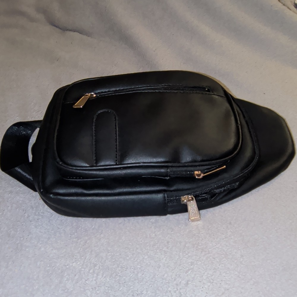 Black Belt Bag Sling Crossbody, Zip Closure Outer Pockets, Adjustable Strap