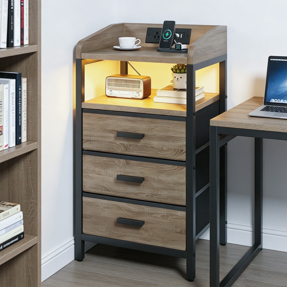 2 Pack Night Stand With Charging Station And Light Bedside End Table With 3