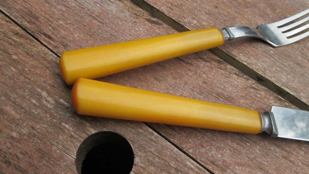 Vintage Butterscotch Bakelite Dinner Fork & Knife Stainless