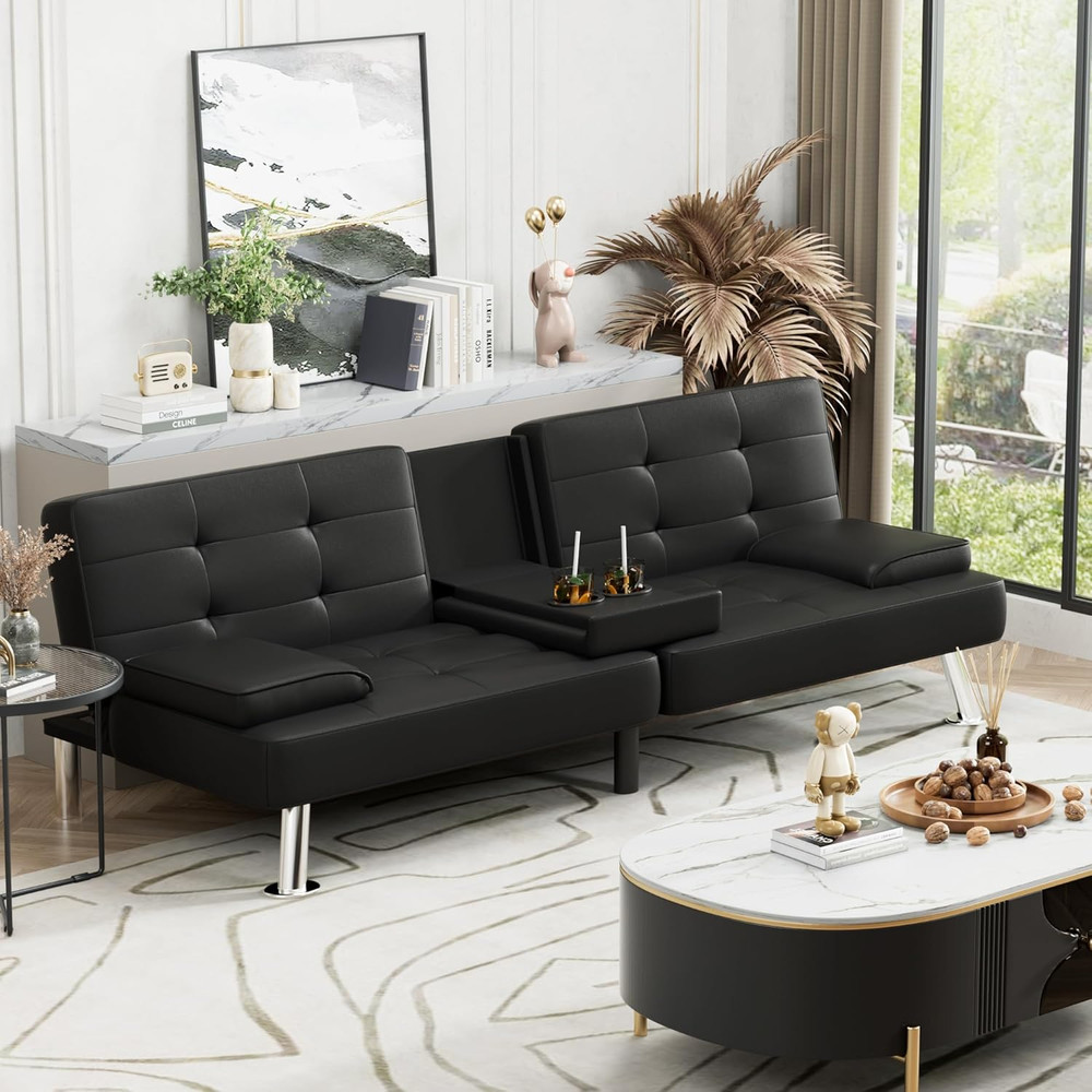 Futon Sofa Bed Leather Couch Recliner with Removable Armrests Cup Holders Black