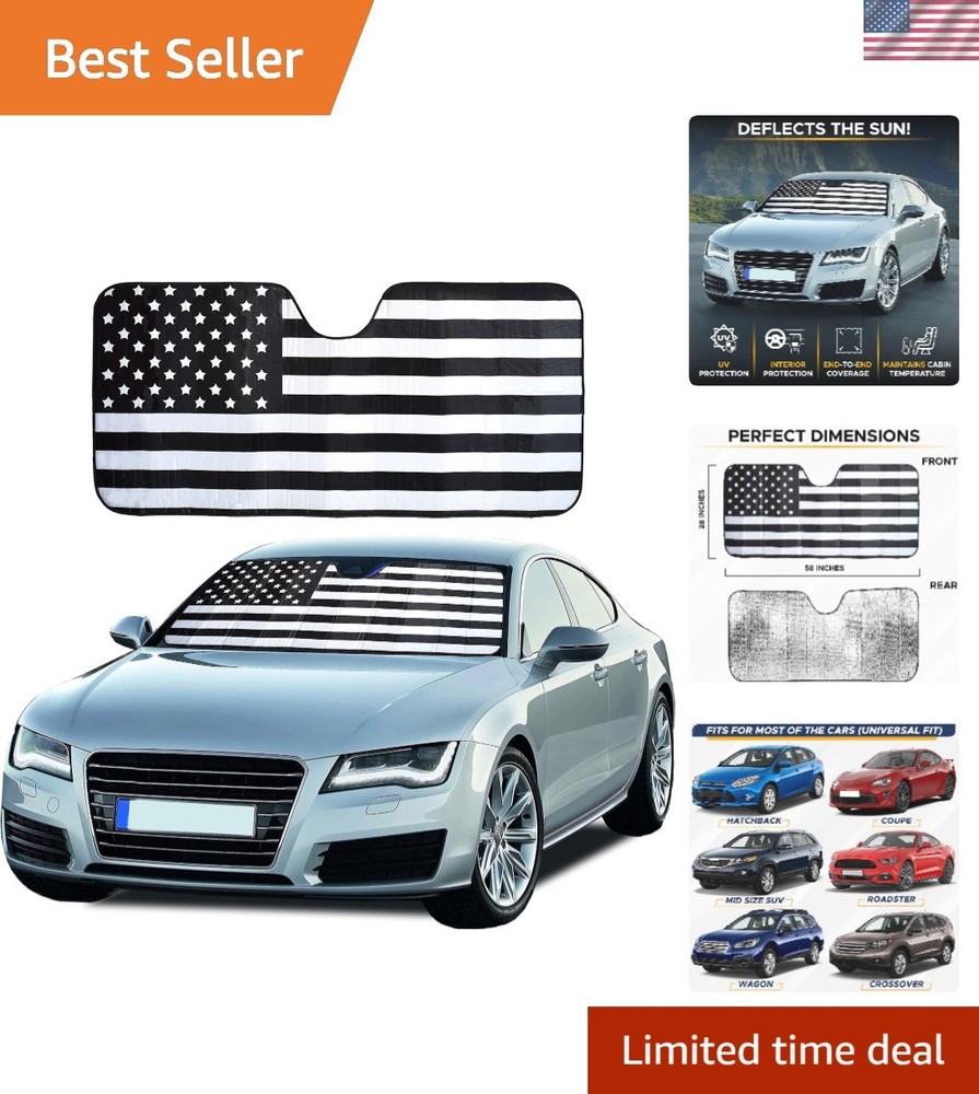Durable Reflective Windshield Sunshade | American Flag Design - 58x27.5 Inches