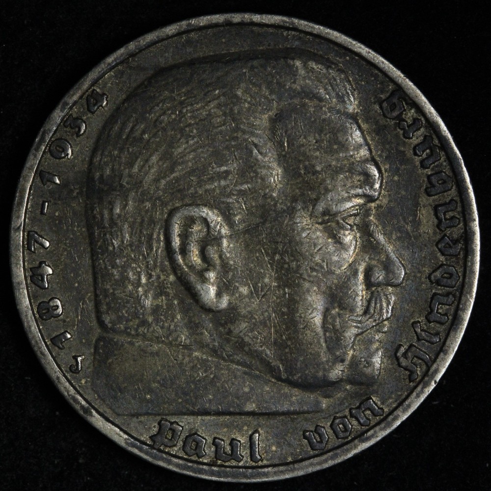 1934-J SILVER Germany Silver 5 Mark E395 T