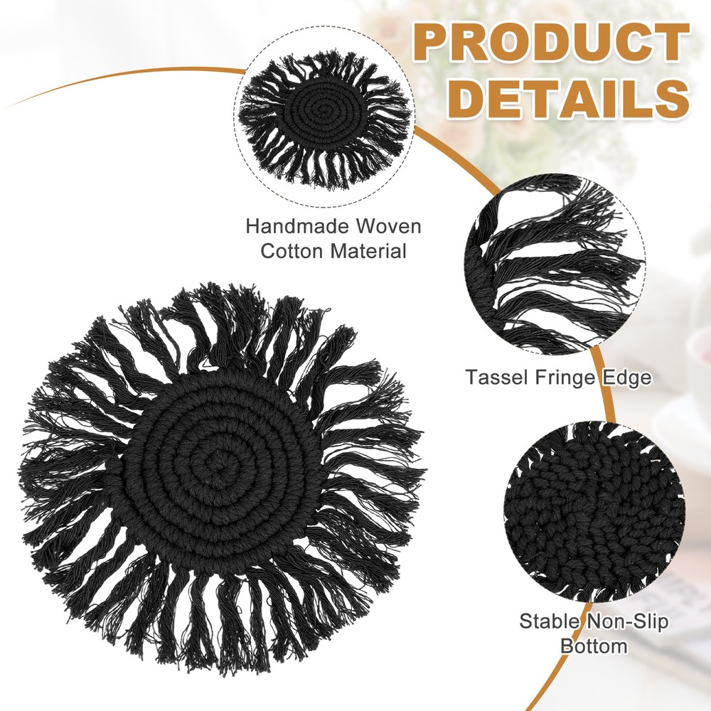 2Pcs Boho Coasters, Woven Drink Coasters with Tassel, Black