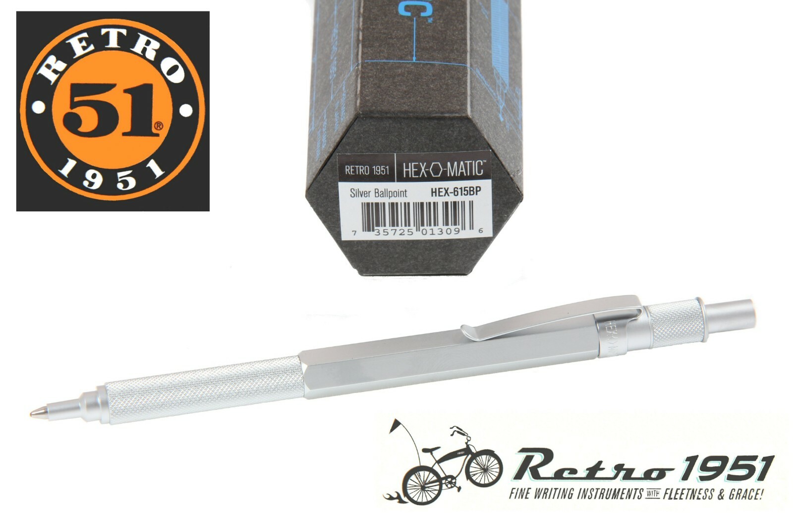 Retro 51 / Hex-o-matic Series Silver Ballpoint Pen #HEX-615BP