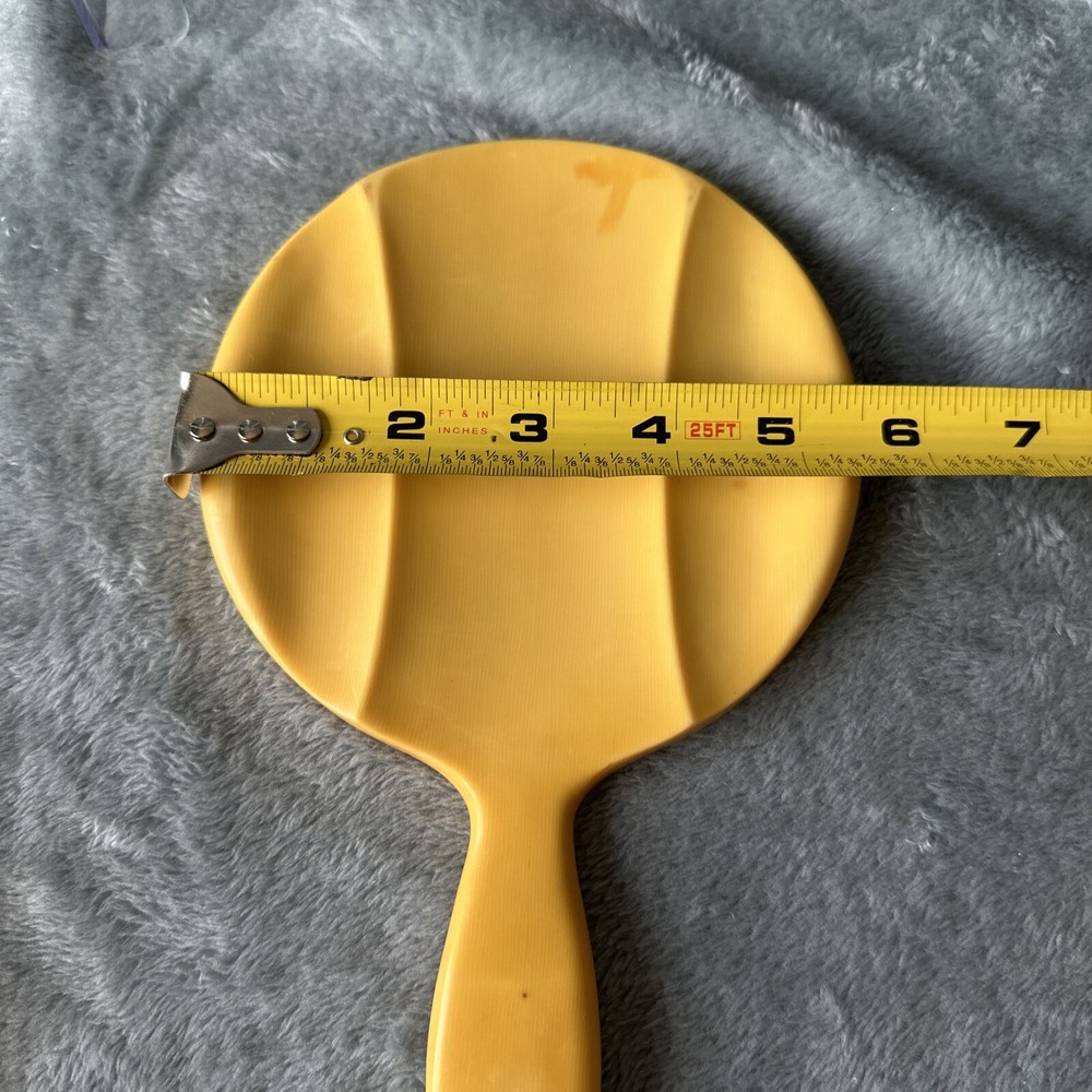 Bakelite Hand Held Round Mirror Yellow Celluloid Plastic Vintage