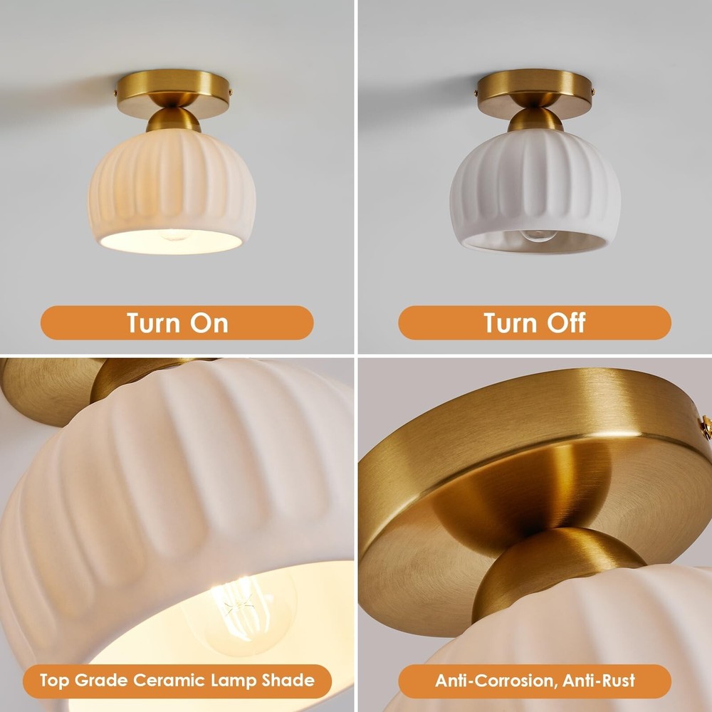 2-Pack Semi Flush Mount Ceiling Light - Ceramic Hallway Light Fixtures,Gold C...