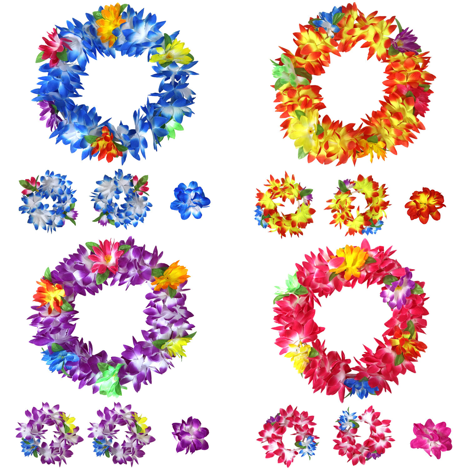 16 Piece Set Hawaiian Flower Leis Headband, Bracelet and Hair Clips Luau Party