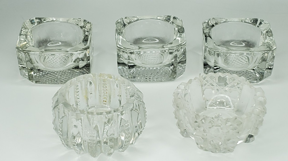 5 Salt Cellars Patterns Clear Side EAPG Zipper Side Cut Design, Small Glass
