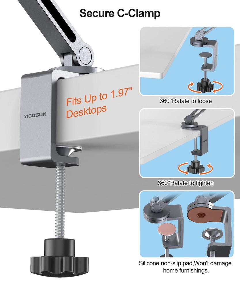 YICOSUN Tablet Arm Mount with Super Grip, Adjustable Foldable Holder & Gray