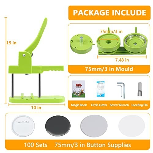 DIY Button Maker Machine 75mm - Easy Install, 100 Sets Supplies & Circle Cutter