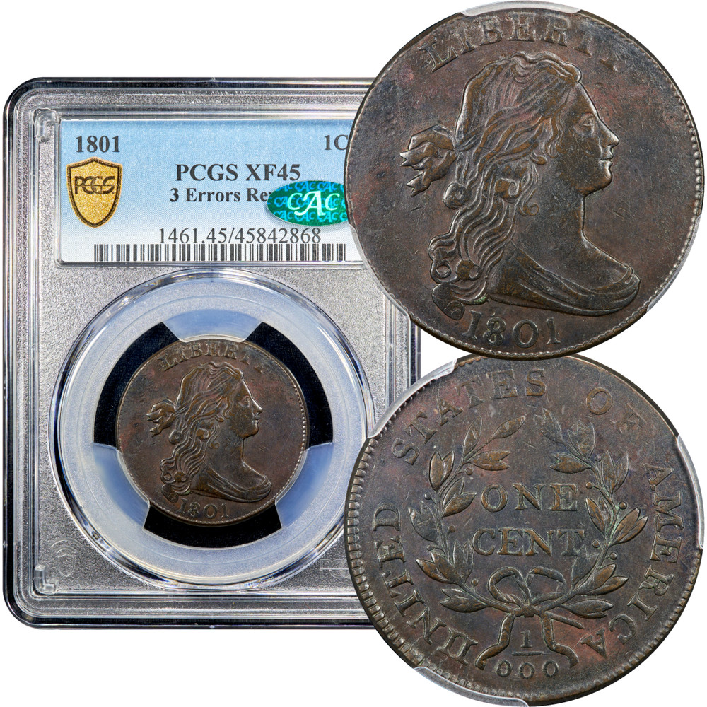 1801 Draped Bust Large Cent 1c 3 Errors Reverse PCGS XF45 BN CAC