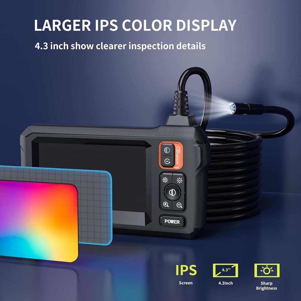IP67 Endoscope Camera with Light, Borescope Camera with 4.3" IPS Screen