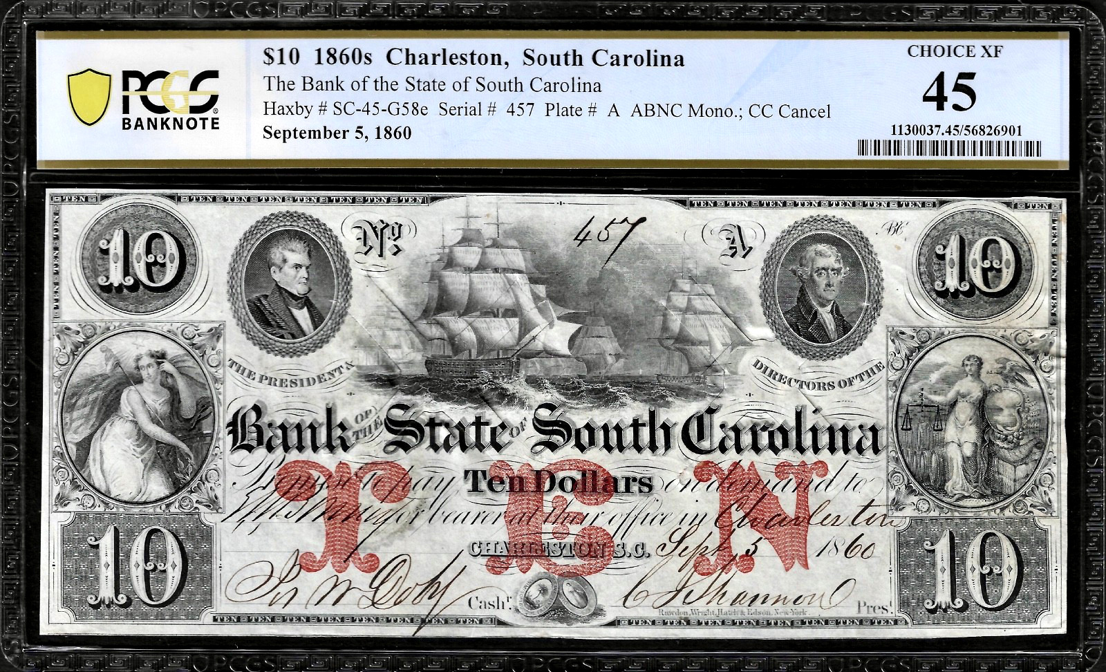 Sept 5, 1860 Charleston South Carolina Obsolete $10 Banknote PCGS Choice EF45