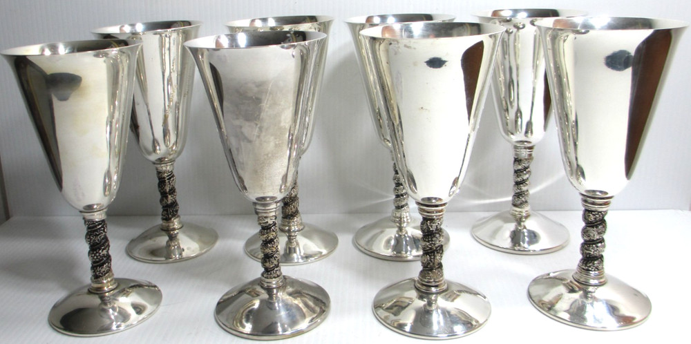 Vintage Silver-Plated Wine Water Stemware Spain Set of 8 Twisted Grapevine Stem