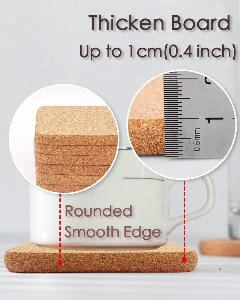 Cork Coasters for Drinks, 8 Pcs Square Extra Thick Absorbent Cork Coaster Set...