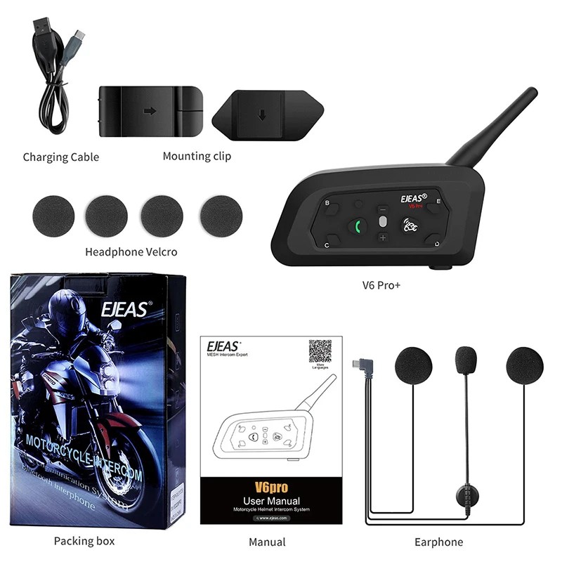 2PCS EJEAS V6PRO+ Motorcycle Intercom Bluetooth 5.1 1200m 8h Battery Waterproof