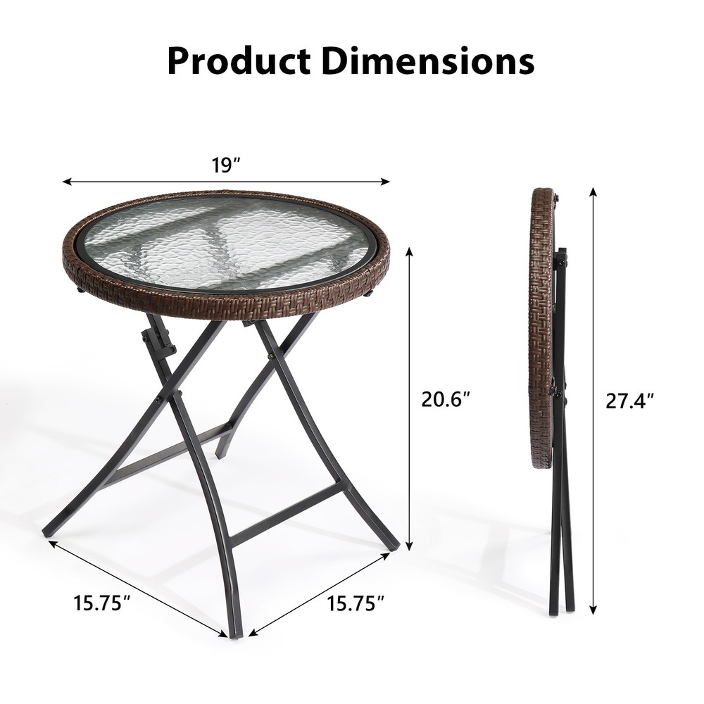 Round Rattan Side Table Foldable Wicker Table with Tempered Glass Table Top