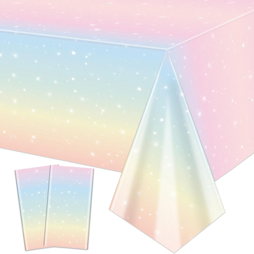 2 Pack Pastel Rainbow Tablecloths, 51X87'' Plastic Disposable Rectangle Pastel T