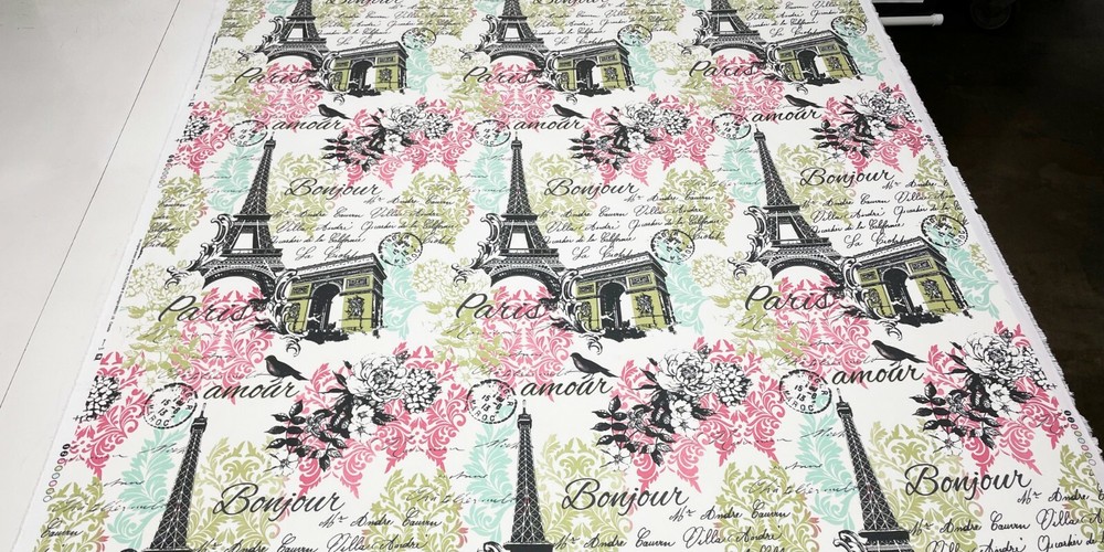 RICHLOOM CREPE DIVA PINK EIFFEL TOWER PARIS SCRIPT MULTIUSE FABRIC BY YARD 54"W