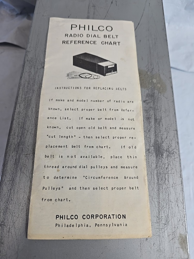 Vintage Philco Radio Dial Belt Reference Chart Guide
