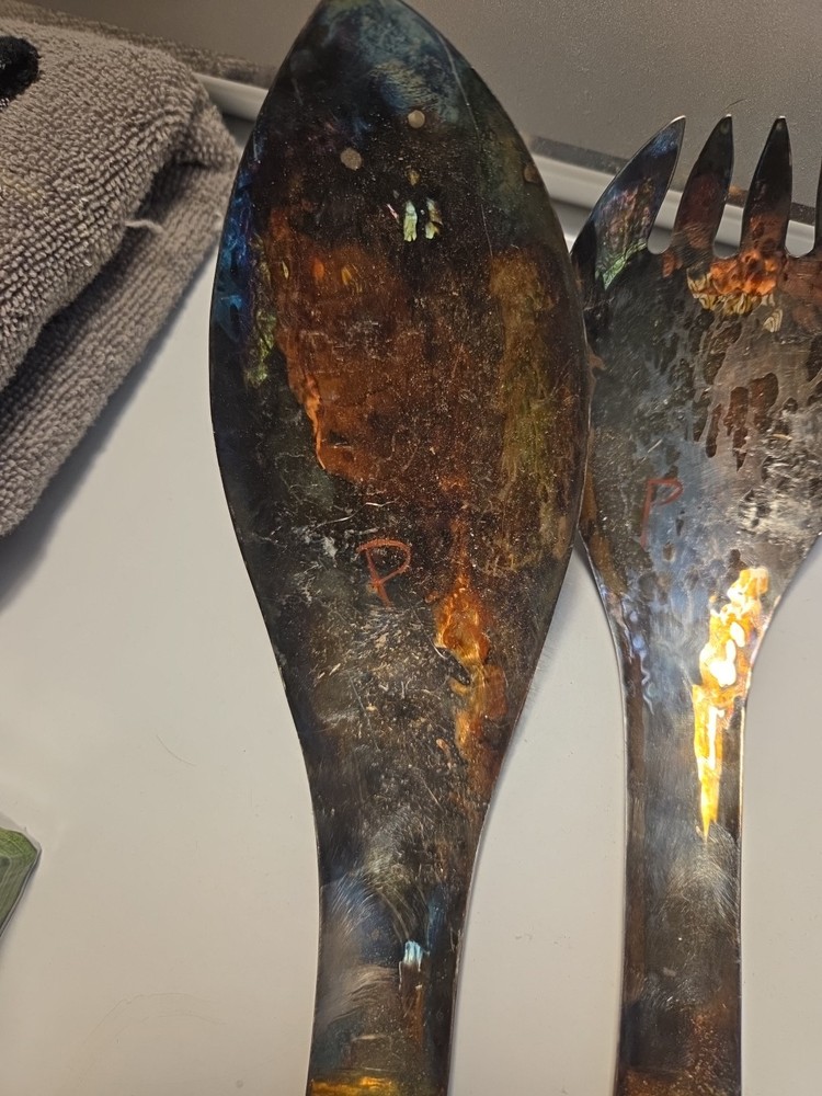 VINTAGE SILVER PLATE HAIDA TRIBE B.C. CANADA GREY ALIEN 2PC SERVING SET - 10.75"