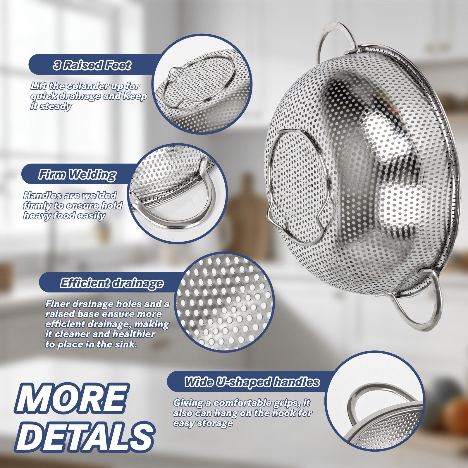 tastyWay 3Pcs Colander Set Stainless Steel Kitchen Bowl Drainer Vegetable Sieve