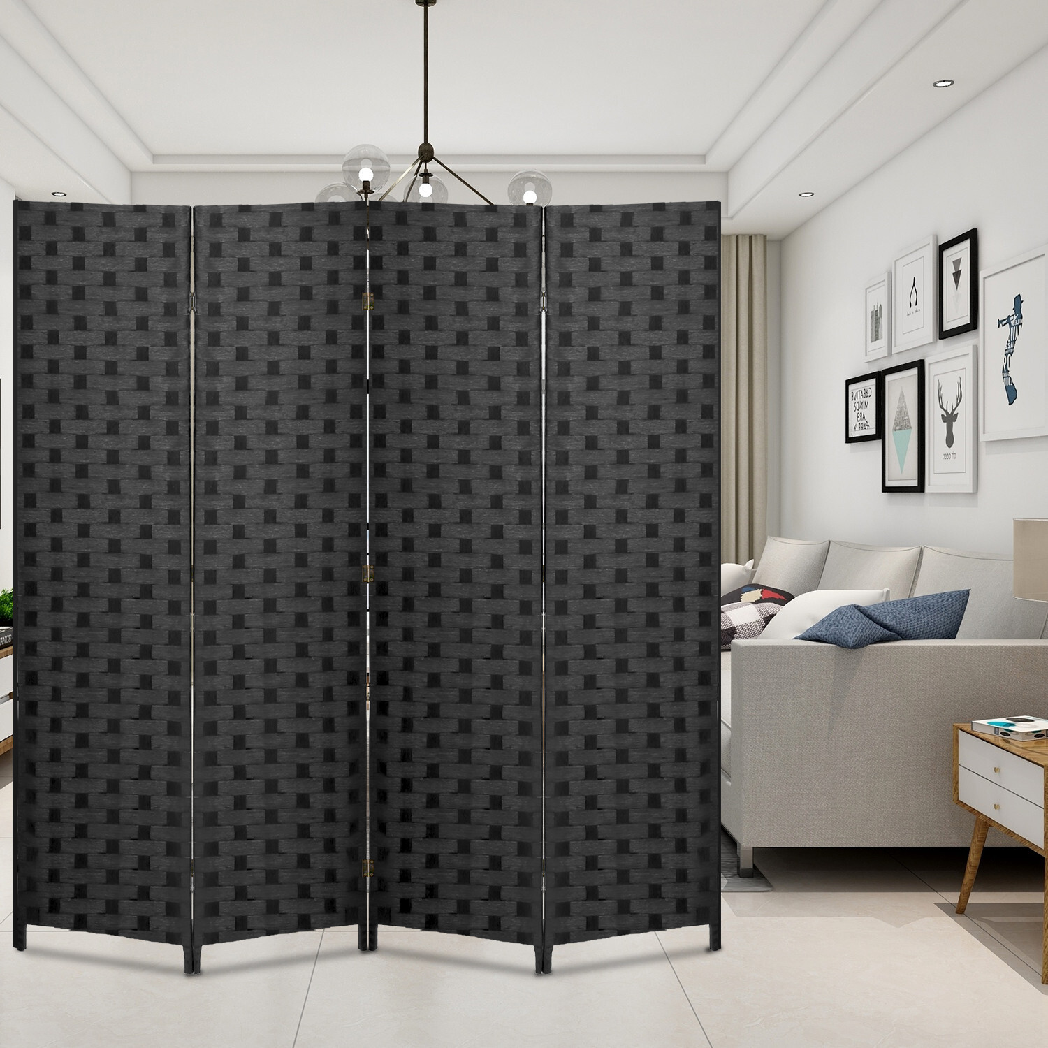 Room Divider 6FT Wood Mesh Hand-Woven Room Divider, 4-Panel Indoor Folding Black